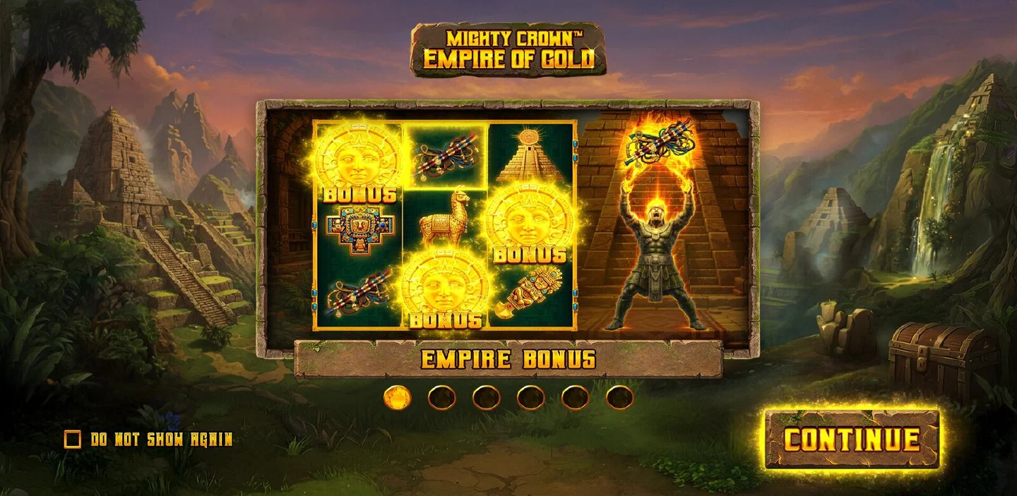 Startbildschirm von Mighty Crown: Empire of Gold mit dem Schriftzug EMPIRE BONUS