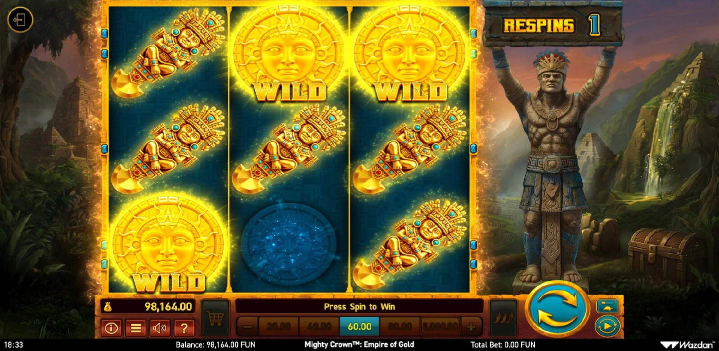 Bonusrunde von Mighty Crown: Empire of Gold mit Respin-Zähler und klebenden WILD-Symbolen